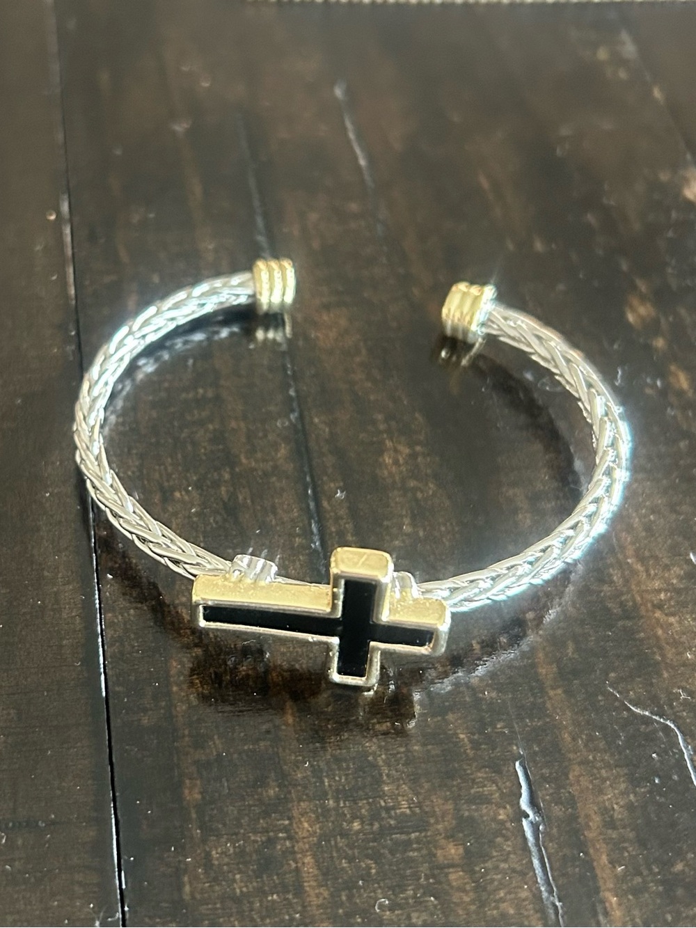 Silver and Black Cross Open Cuff Bracelet